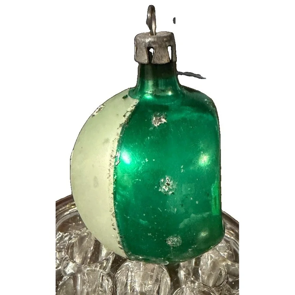 Vintage Japan Glass Indent Reflector Christmas Ornament Green Floral MCM 2